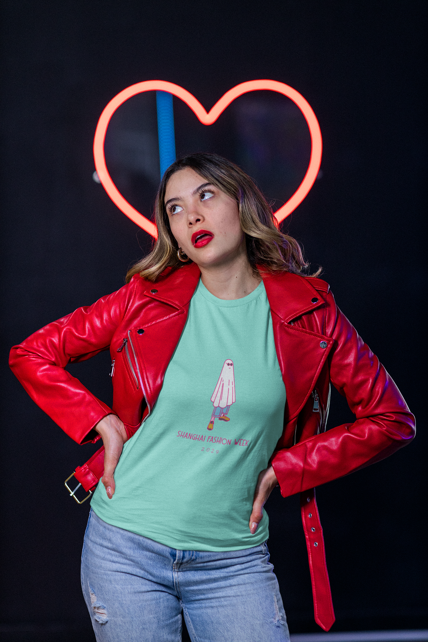 DAWN Peacock T-shirt Tiffany Blue Color with Red Jacket